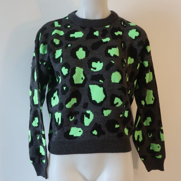NWT Womens Tina Demel Black, Gray, Neon Green Leopard Crew Neck Sweater M - Picture 1 of 7